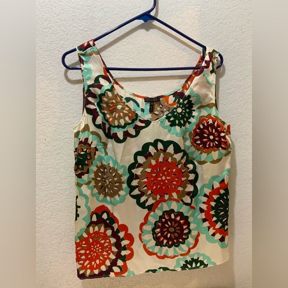 Escada Women's Size 42 100% Silk Multicolor Graphic Cute Floral Sleeveless Top